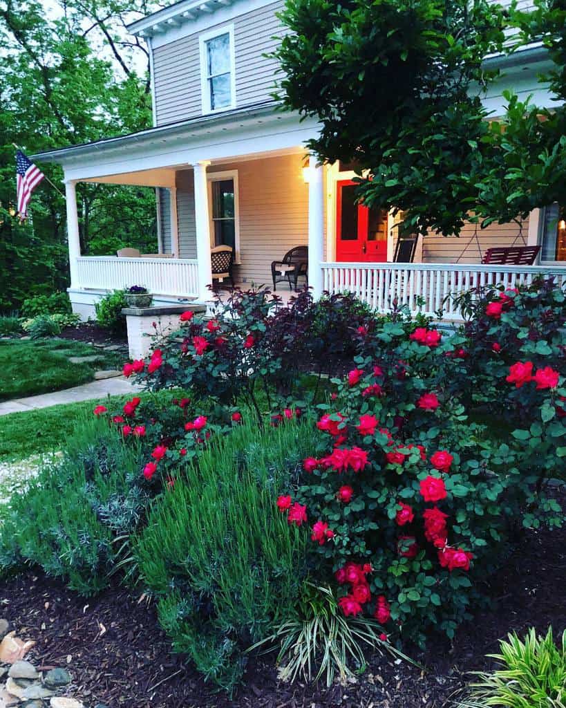 front yard flower garden red flowers front porch american flag