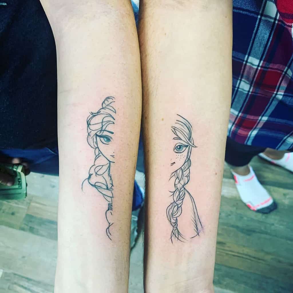Matching sister tattoos featuring minimalist line art of Elsa and Anna from Frozen, symbolizing sisterly love and connection