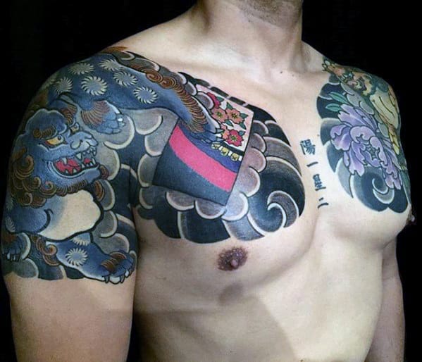 Fu Dog Japanese Mens Chest And Quarter Sleeve Tattoos