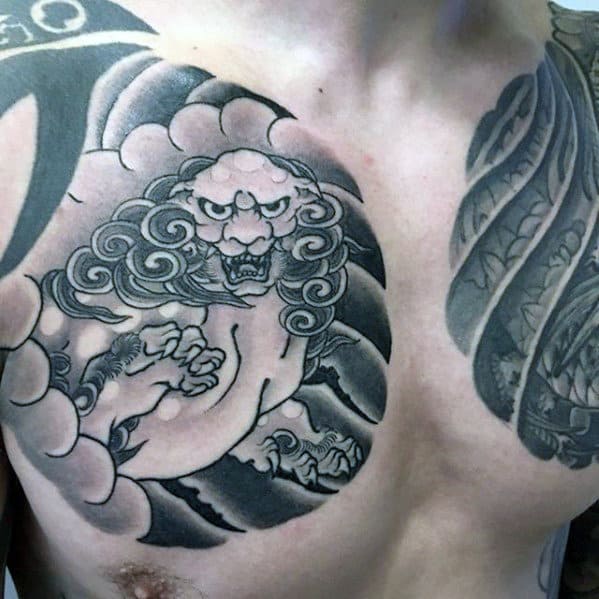 Fu Dog Japanese Shaded Upper Chest Tattoos For Guys