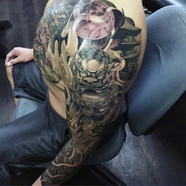 Fu Dog Japanese Temple Mens Full Arm Sleeve Tattoo Designs