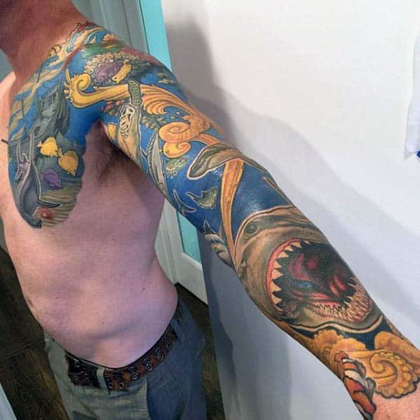 Full Arm And Chest Male Ocean Sleeve Tattoo Designs
