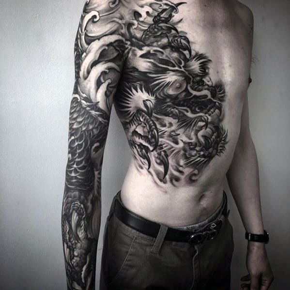 Full Arm And Half Chest Male Shaded Dragon Chest Tattoos