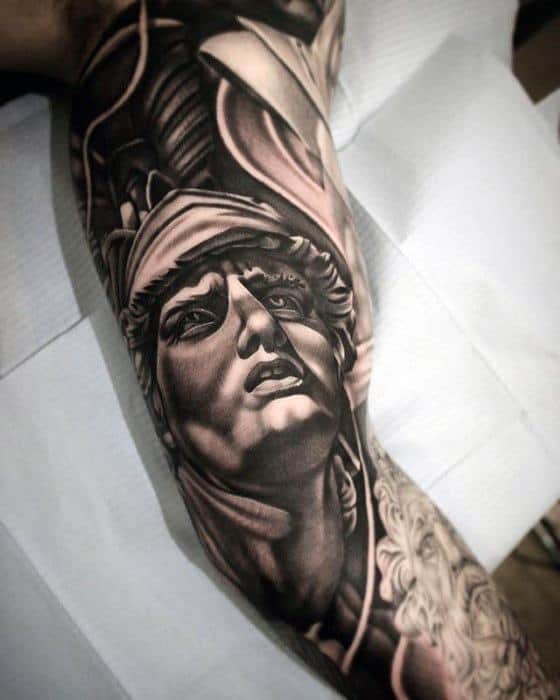Full Arm Artistic Male Roman Statue Tattoo Ideas