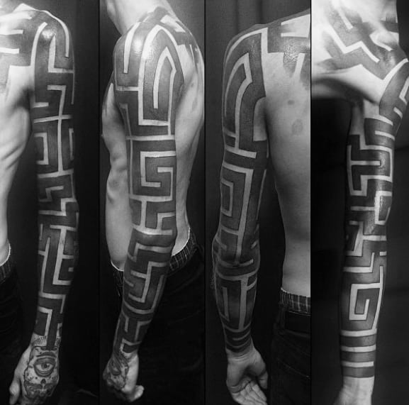 Full Arm Blackwork Negative Space Sleeve Cool Male Maze Tattoo Designs