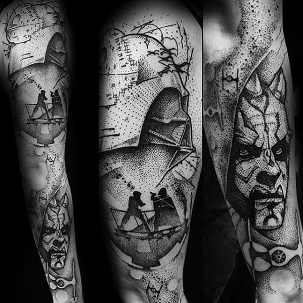 Tattoo sleeve with detailed Star Wars characters, the Death Star, and abstract designs in black and white