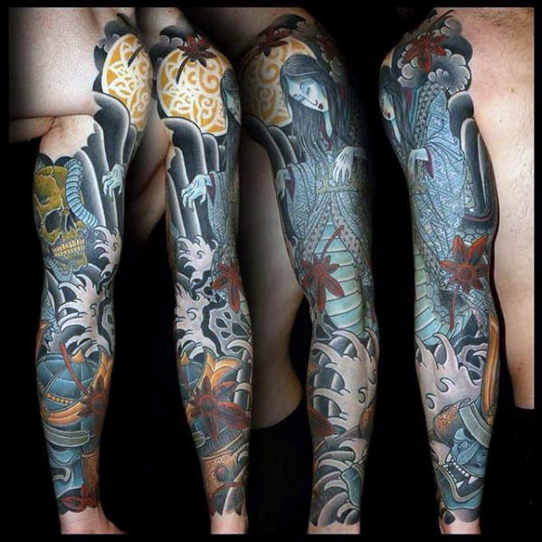 Full Arm Guys Japanese Wave With Skull Tattoo Designs