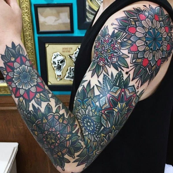 Full Arm Guys Mandala Flower Tattoos