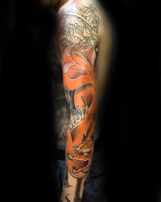 Full Arm Kitsune Fox Male Tattoo Design Ideas
