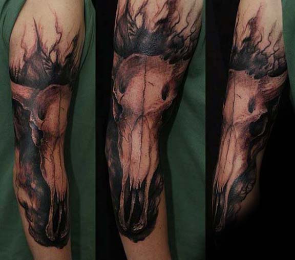 Full Arm Male Bull Skull Tattoos