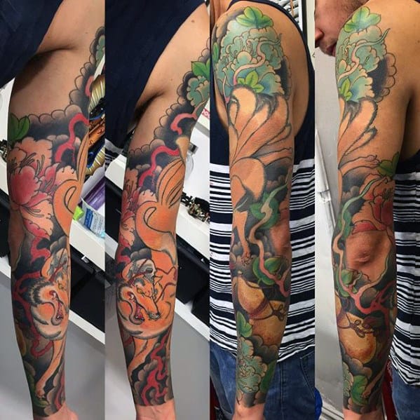 Full Arm Male Kitsune Fox Tattoos