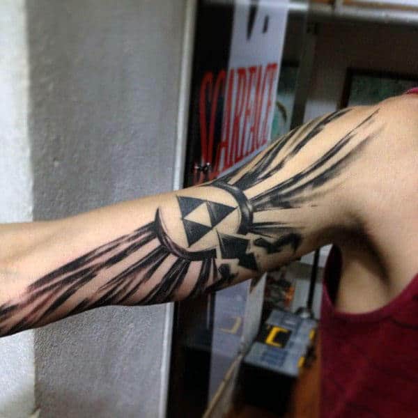 Full Arm Male Triforce Paint Brush Stroke Tattos