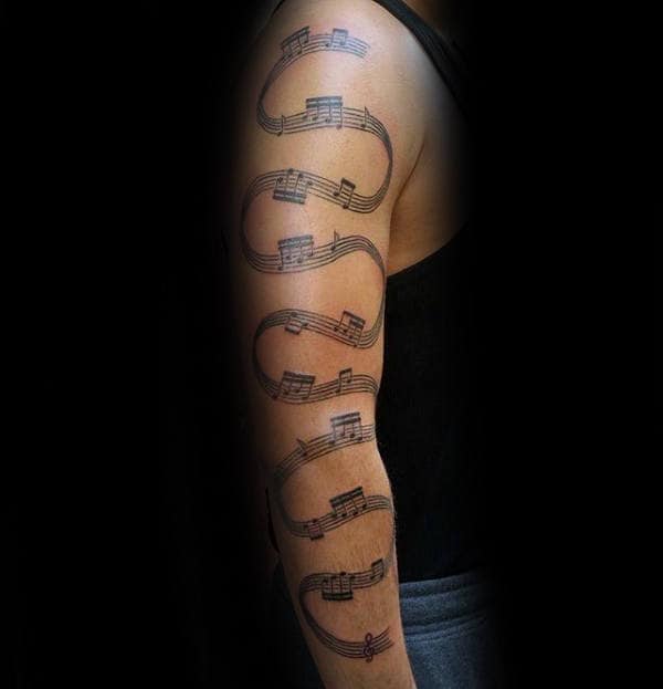 Full Arm Music Notes Tattoo On Gentleman