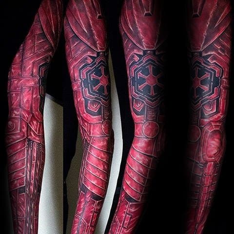 Full sleeve biomechanical tattoo in red tones featuring the Sith Empire symbol integrated into armor-like robotic design on the arm.