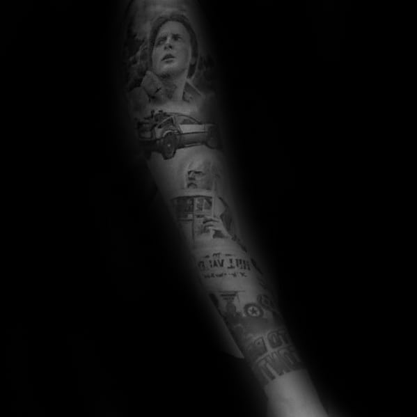 Full Arm Shaded Black And Grey Cool Back To The Future Themed Tattoo Design Ideas For Males