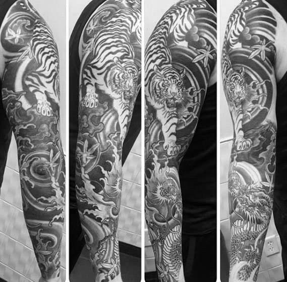 Full Arm Shaded Sleeve Male Tattoo With Tiger Dragon Design