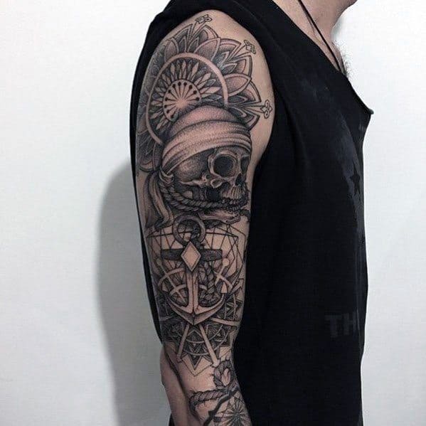 Full Arm Skull With Geometric Anchor Tattoo