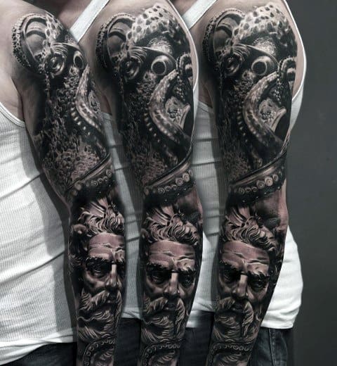 Hyper-realistic tattoo sleeve featuring a detailed octopus and Poseidon-like figure, symbolizing ocean power, mystery, and ancient mythology.