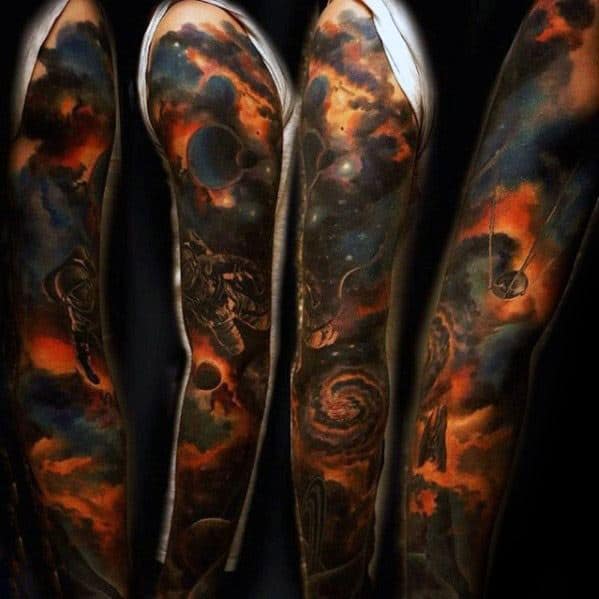 Full Arm Sleeve 3d Satellite Mens Tattoo Ideas