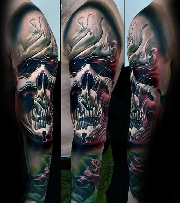 Surreal skull sleeve tattoo with flowing shadows, abstract smoke forms, and dark roses blending into a moody, atmospheric design.