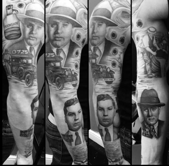 Al Capone tattoo sleeve featuring multiple detailed black-and-white portraits of the gangster, including images of a vintage car, his inmate number "0725," and a bottle of moonshine.