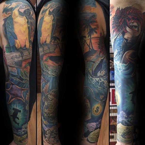 Full Arm Sleeve Angler Fish Tattoos For Gentlemen