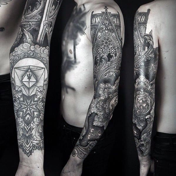 Full sleeve tattoo with gothic cathedral windows, ornamental filigree, geometric shapes, and dramatic shading for a bold, sacred look.