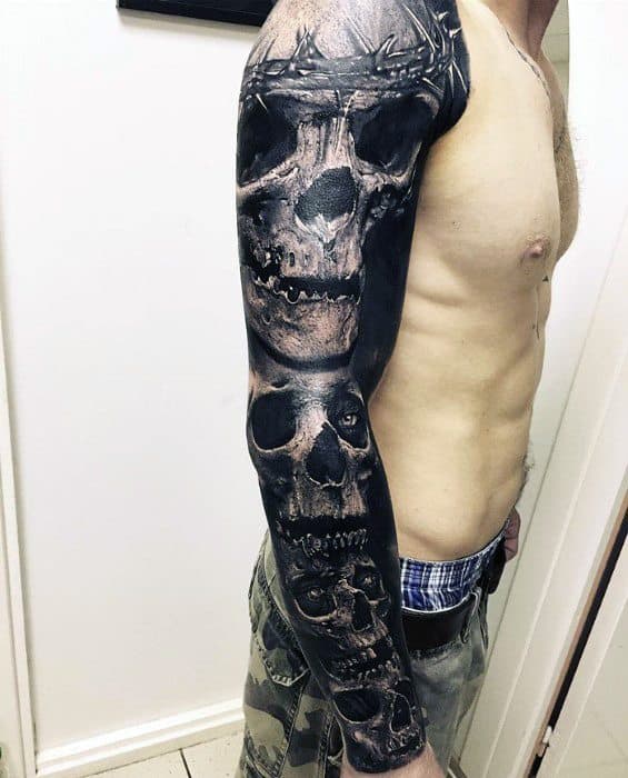 Full Arm Sleeve Badass Skull Guys Tattoos