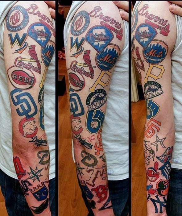 Full Arm Sleeve Baseball Logo Themed Guys Tattoo Ideas Boston Red Sox Designs