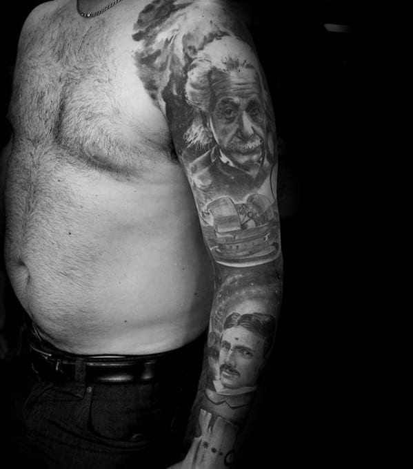 Full Arm Sleeve Black And Grey Ink Albert Einstein Guys Tattoo Ideas
