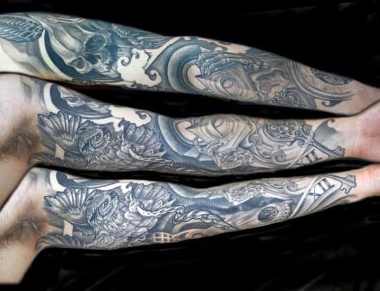 Full Arm Sleeve Crazy Owl Tattoo For Gentlemen
