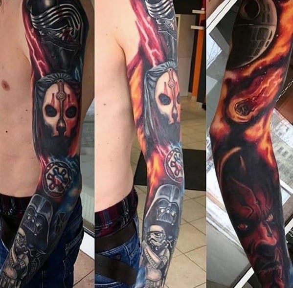 Star Wars tattoo sleeve featuring Darth Nihilus, Kylo Ren, Darth Vader, the Death Star, and flames