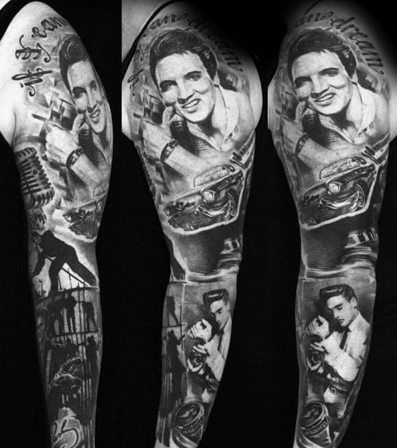 Full sleeve black and grey Elvis Presley tattoo featuring multiple portraits, classic car, microphone, and romantic scene, all tied with “Live the dream” text.