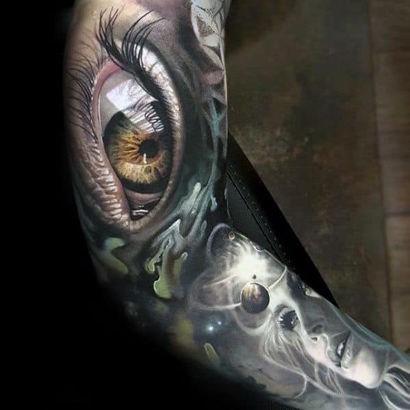 Full Arm Sleeve Eye Outer Space Planets Male Morph Tattoo Design Inspiration