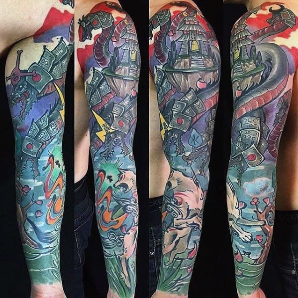 Full Arm Sleeve Gamer Tattoo Ideas On Guys