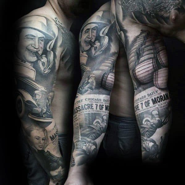 Al Capone tattoo sleeve depicting multiple images, including his portrait with a cigar, a vintage car, and a newspaper headline about the "Massacre of 7 of Moran," alongside a vintage woman’s image.
