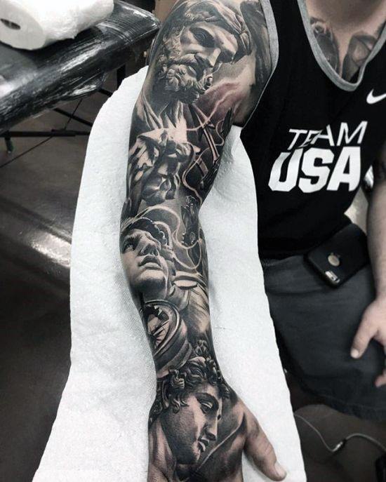 Full Arm Sleeve Greek God Themed Artistic Male Epic Tattoo Ideas