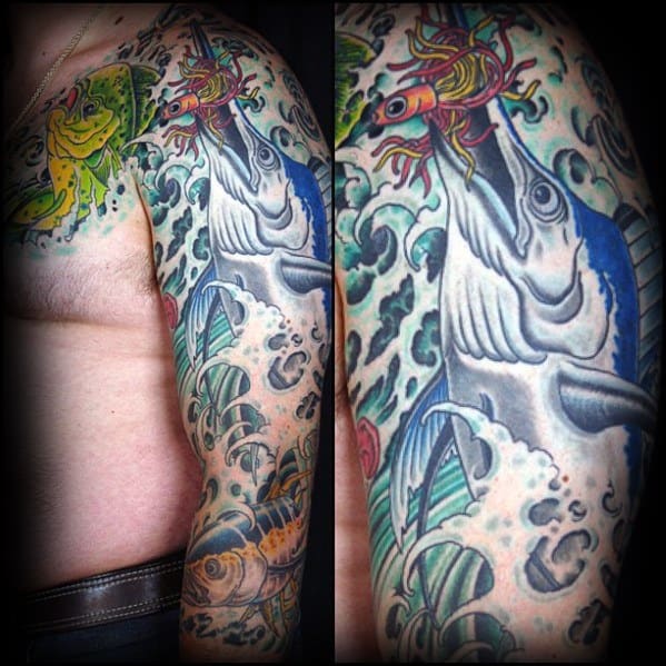Full Arm Sleeve Guys Marlin Tattoo Design Ideas
