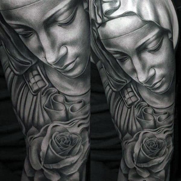 Full Arm Sleeve Guys Roman Catholic Virgin Mary Tattoo Ideas
