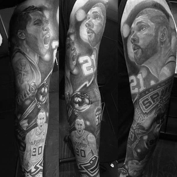 Realistic black and grey sleeve tattoo featuring legendary San Antonio Spurs players, including Tim Duncan and Manu Ginóbili, in dynamic game moments.