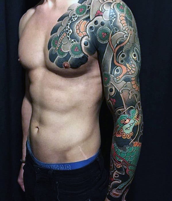 Full Arm Sleeve Guys Sweet Japanese Snake And Dragon Male Tattoo