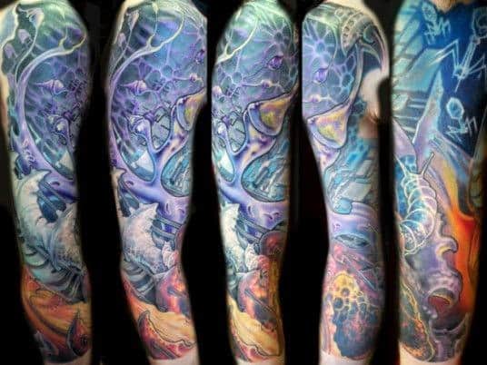 Full sleeve neuron tattoo in vibrant purples, blues, and oranges with abstract sci-fi elements and electric network patterns.