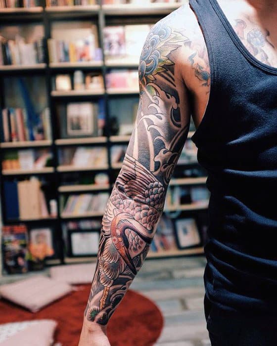 Full Arm Sleeve Japanese Crane Tattoo Inspiration For Males