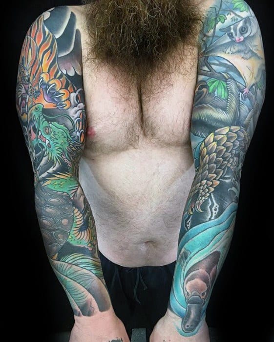 Full Arm Sleeve Japanese Male Platypus Tattoo Designs