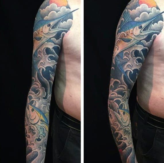 Full Arm Sleeve Japanese Marlin Tattoos For Gentlemen