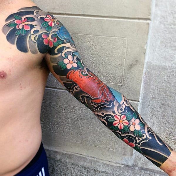 Full Arm Sleeve Japanese Mens Flower And Fish Tattoos