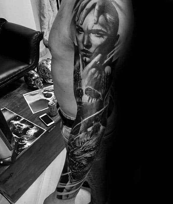 Full Arm Sleeve Male Sick Wolf Tattoo