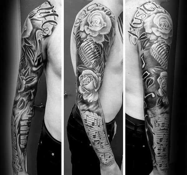 Full Arm Sleeve Male With Cool Music Staff Tattoo Design