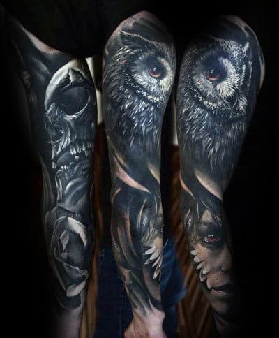 Full Arm Sleeve Manly Realistic Owl Tattoo Designs For Men