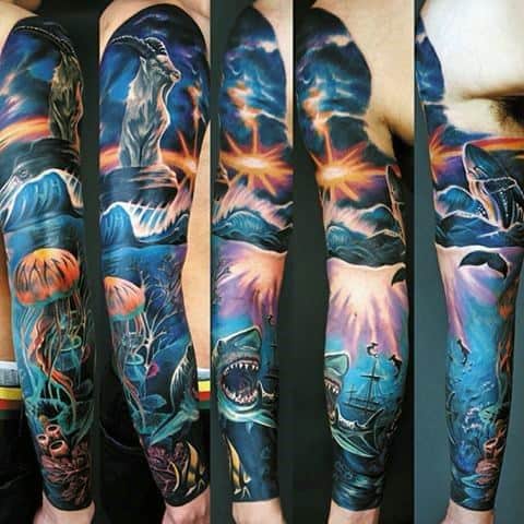 Colorful ocean-themed sleeve tattoo with crashing waves, sea creatures, glowing jellyfish, sharks, lightning, and a sinking ship.